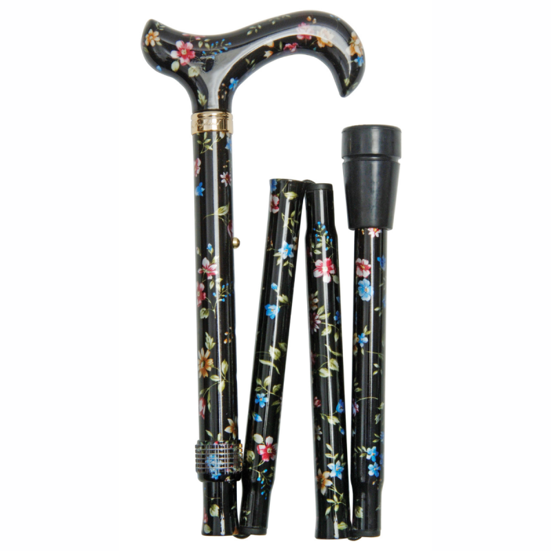 Canne de marche pliante réglable florale noire