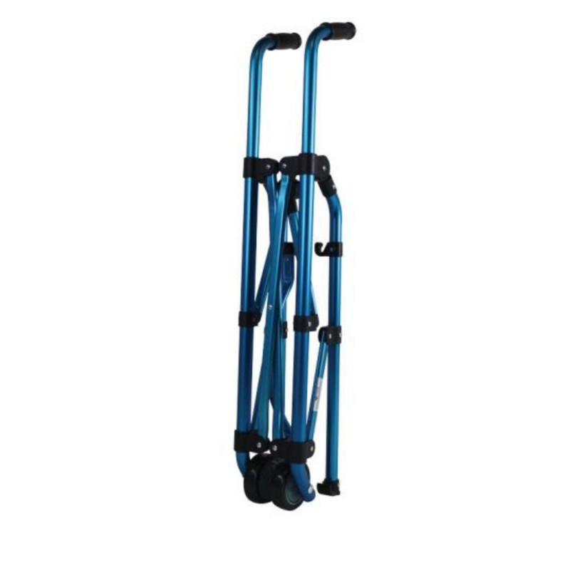 Déambulateur pliable aluminium anodisé bleu 2 roues avant patins arrière 125 kg
