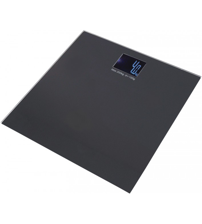 Pèse-personne parlant noir verre trempé 6mm écran LCD bleu senior malvoyant 200kg fond blanc CouleurSenior