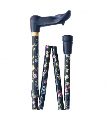Canne Orthopédique Pliante Noir - Motif Floral - gaucher