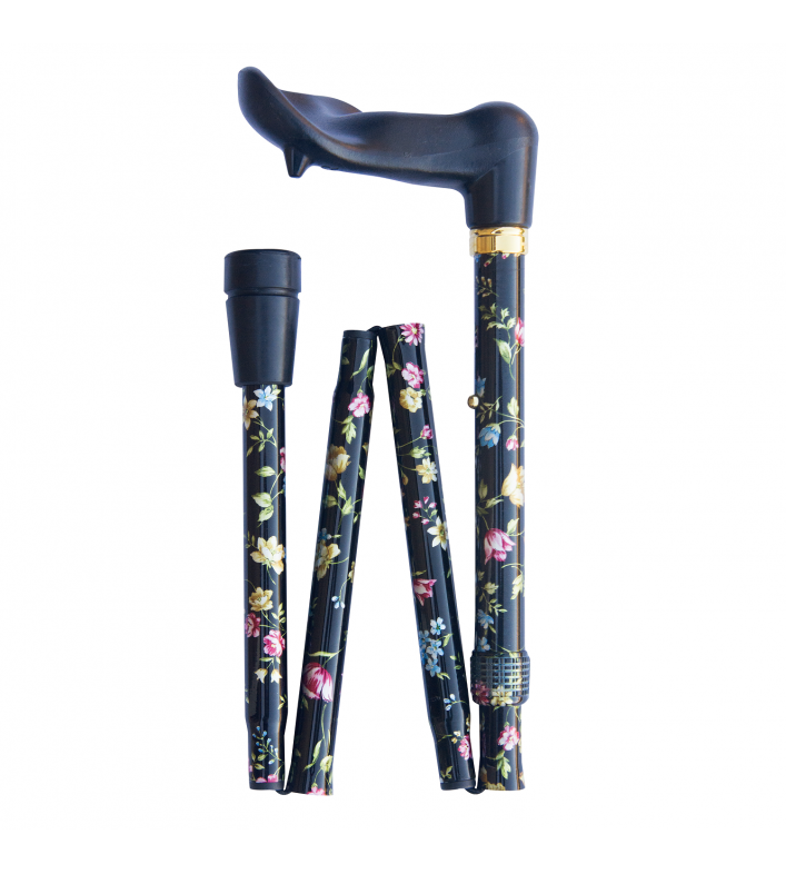 Canne Orthopédique Pliante Noir - Motif Floral - droitier