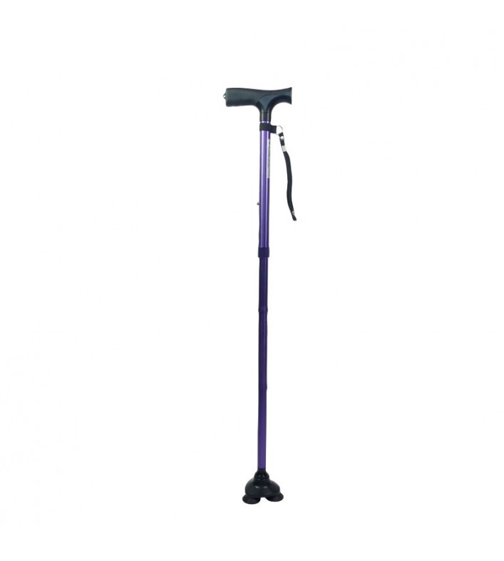 Canne de marche pour femme style tripode, stabilicane pliable et réglable, couleur violette.