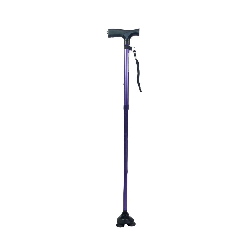Canne de marche pour femme style tripode, stabilicane pliable et réglable, couleur violette.