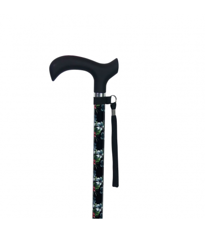 Canne de marche réglable Essentielle noire à fleurs avec poignée ergonomique derby. Elégante et lumineuse.