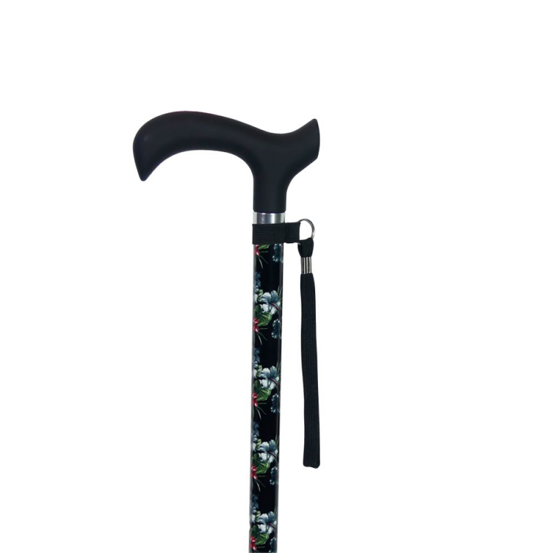 Canne de marche réglable Essentielle noire à fleurs avec poignée ergonomique derby. Elégante et lumineuse.