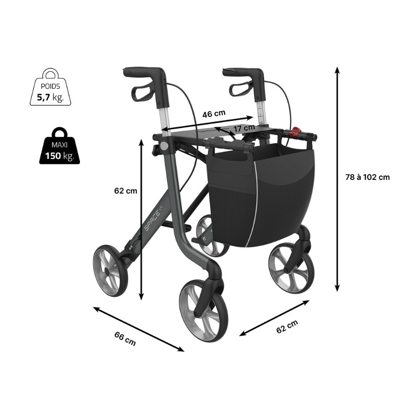 Dimensions déambulateur Rehasense Space largeur longueur hauteur