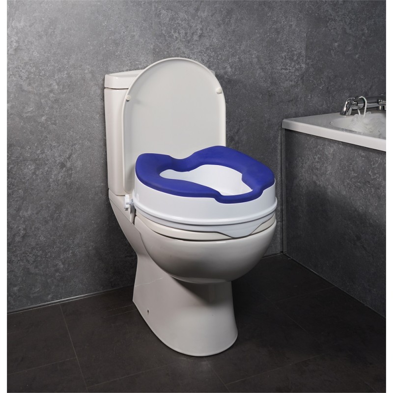 Siège toilette surélevé confort rembourrage doux bleu blanc autonomie seniors convalescence