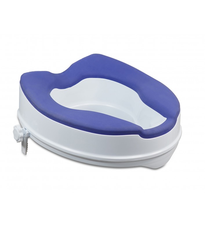 Rehausseur WC rembourré TPR souple blanc bleu surélévation 10 cm fixation sécurisée senior