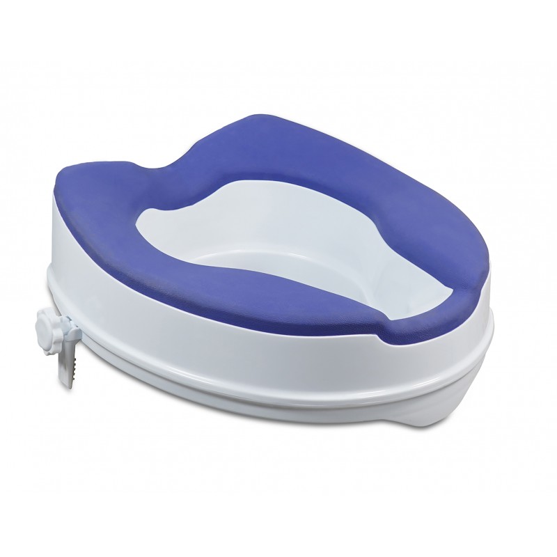 Rehausseur WC rembourré TPR souple blanc bleu surélévation 10 cm fixation sécurisée senior