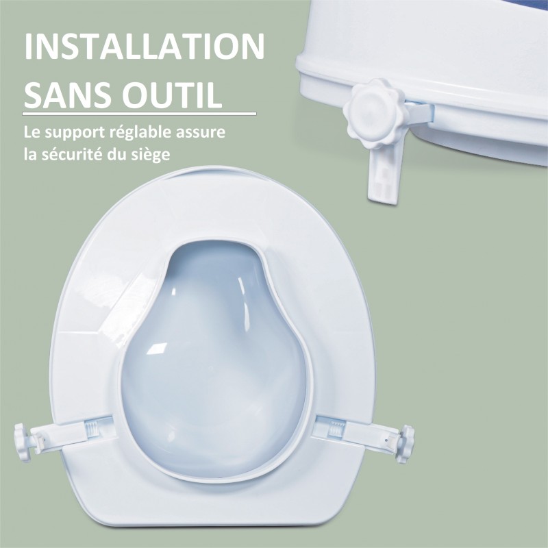 Installation siège WC surélevé rembourré bleu blanc accessibilité salle de bain