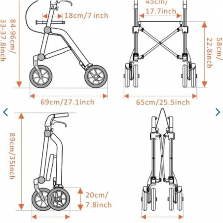 Déambulateur Trive 4 roues Uplivin – Léger, pliant double, avec sac et porte-canne
