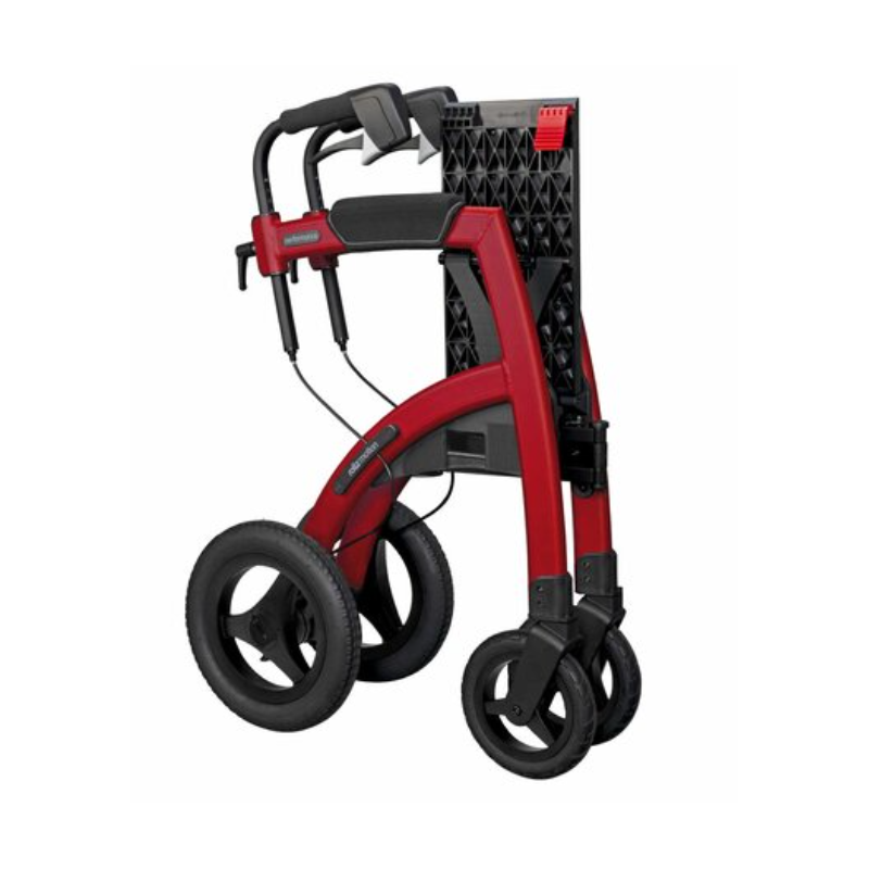 Déambulateur et fauteuil roulant Rollz Motion Performance, couleur rouge, pliable facilement.