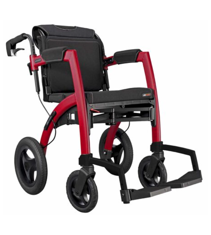 Vue du fauteuil roulant Rollz Motion Performance, couleur rouge, convertible en déambulateur. Prise en charge par la Secú.