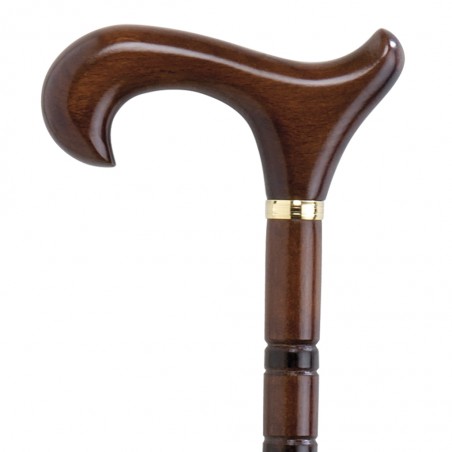 Poignée Derby sur canne senior en bois foncé avec anneaux sculptés, élégance et qualité.