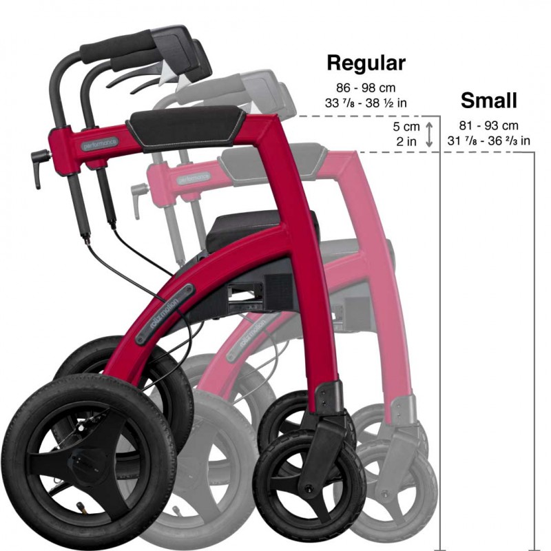 Tailles du déambulateur et du fauteuil roulant Rollz Motion Performance couleur rouges. Éligible au remboursement de Secú.