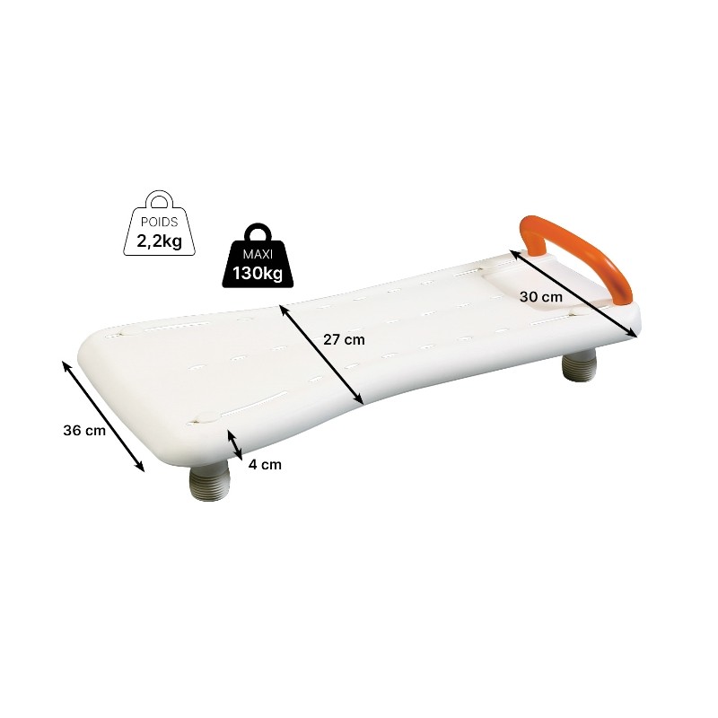 Dimension de la planche de bain, idéale pour prendre une douche en toute sécurité.