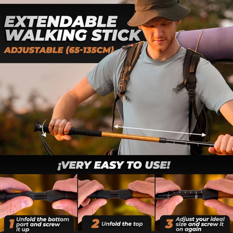 Bâton de marche ou randonnée trekking pliable et réglable en aluminium imitation bois