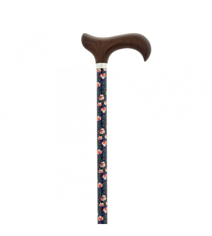 Canne de marche réglable, motif fleuri, poignée en bois. Produit de qualité de pharmacie.