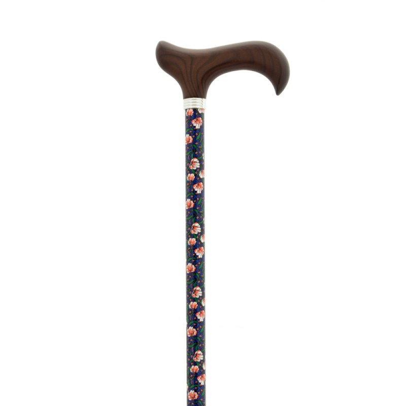 Canne de marche réglable, motif fleuri, poignée en bois. Produit de qualité de pharmacie.