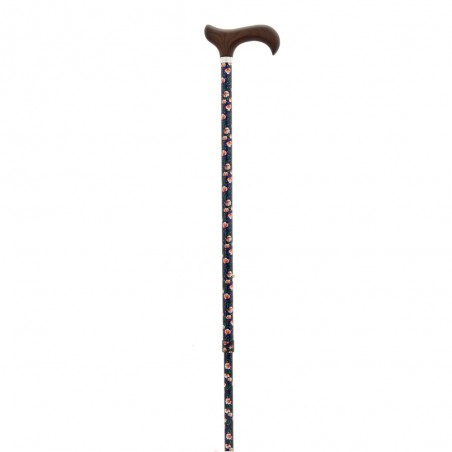 Canne de marche réglable, ornée de discrètes fleurs roses et dotée d'une poignée en bois. Idéal pour offrir en cadeau à la mère.