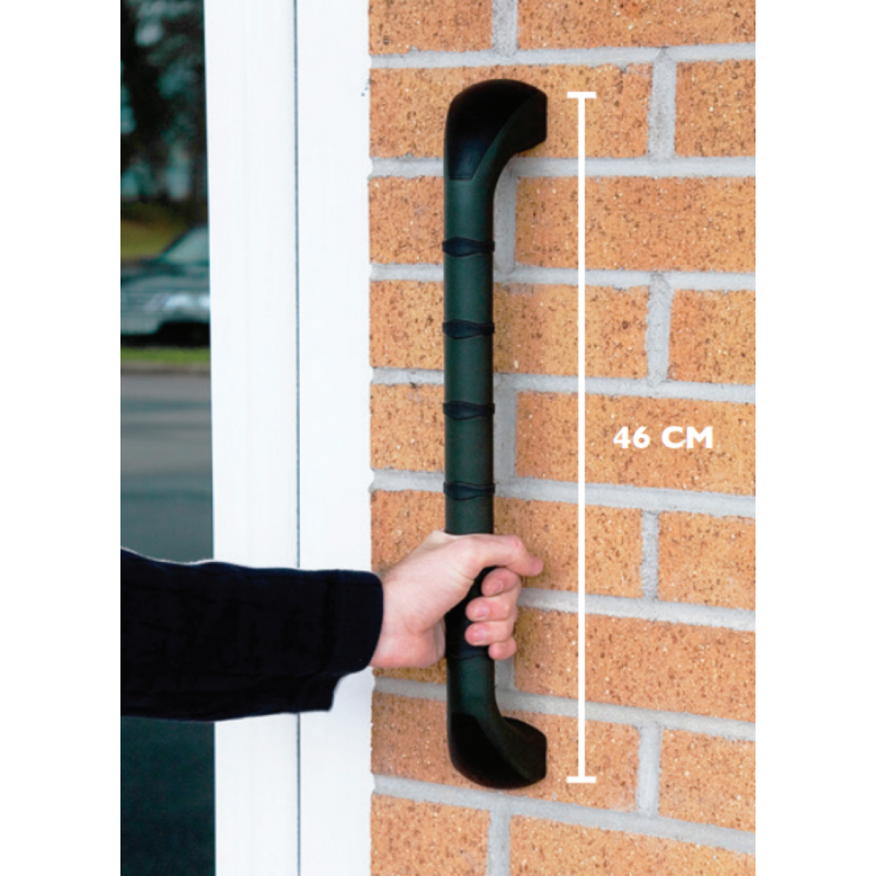 Barre d'appui PRIMA 46 cm avec indication de longueur, montée sur mur en brique extérieur, coloris noir mat