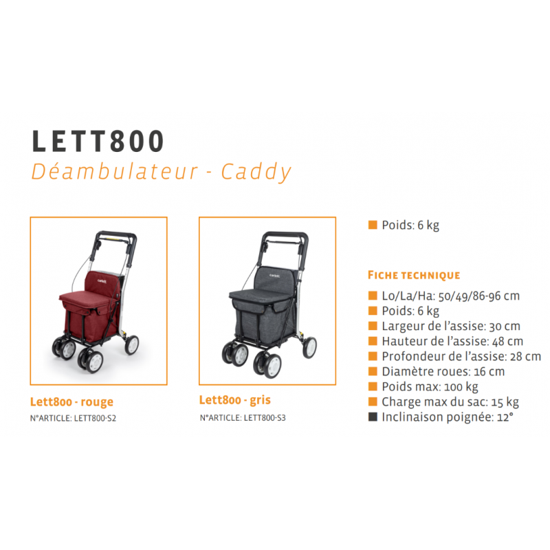 Fiche technique du déambulateur / chariot de course Carlett Lett800, disponible en rouge et en gris.