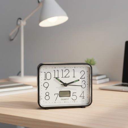 Réveil phosphorescent noir senior sur bureau cadran blanc grands chiffres thermomètre intégré — Couleur Senior