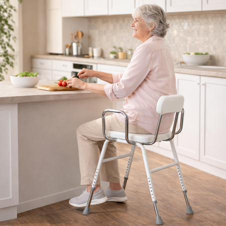 Personne senior préparant le repas, confortablement assise sur le tabouret assis-debout ergonomique Kizine, dans sa cuisine.