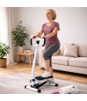 Femme utilisant stepper compact blanc poignées ergonomiques salon domicile rééducation fitness endurance renforcement musculaire