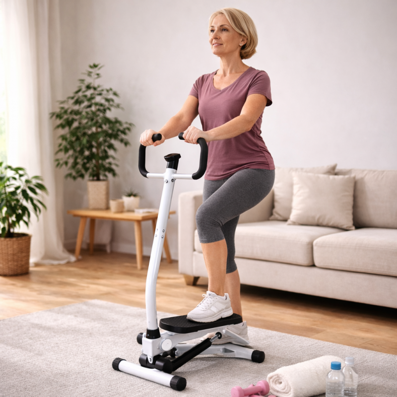 Femme utilisant stepper compact blanc poignées ergonomiques salon domicile rééducation fitness endurance renforcement musculaire