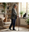 Femme senior marchant dans un salon avec sa canne élégante pour une sécurité totale à domicile.