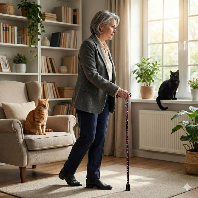 Femme senior marchant dans un salon avec sa canne élégante pour une sécurité totale à domicile.