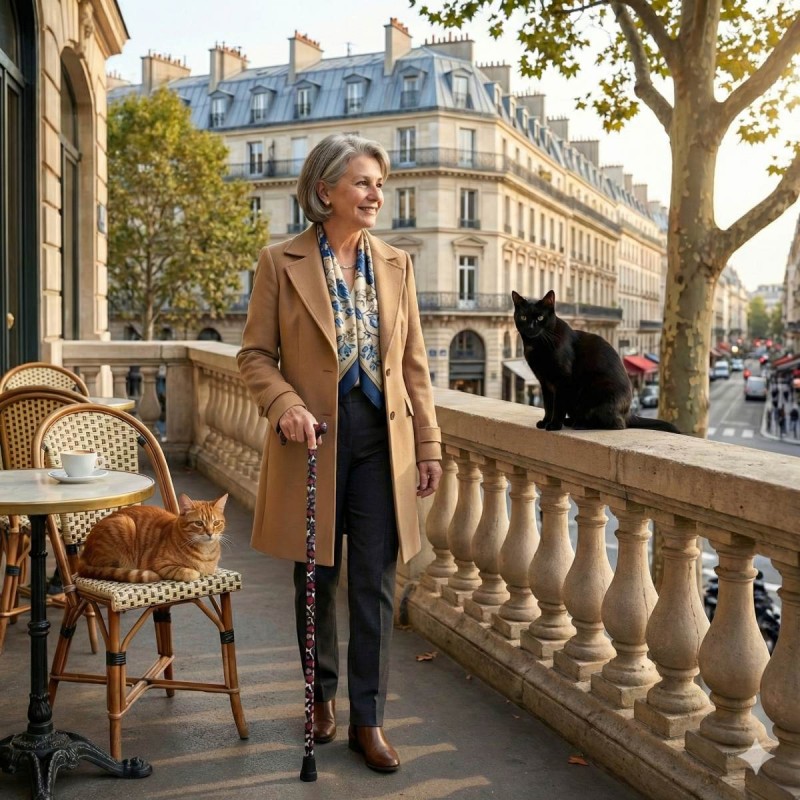 Femme profitant de son balcon avec la canne de marche, une excellente aide à la mobilité.