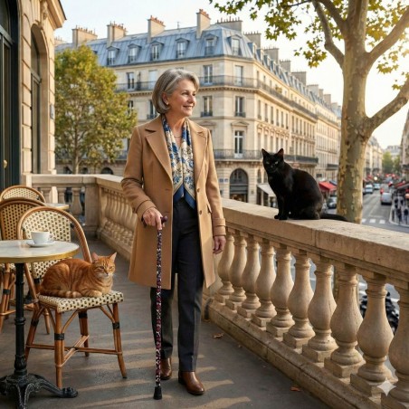 Femme profitant de son balcon avec la canne de marche, une excellente aide à la mobilité.