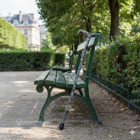 Canne de marche réglable en aluminium avec une poignée en derby, posée sur un banc en bois dans un jardin public ensoleillé.