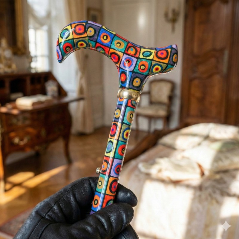 Poignée ergonomique Derby, aux carrés vifs et multicolores, exclusif, idéal pour des cadeaux.