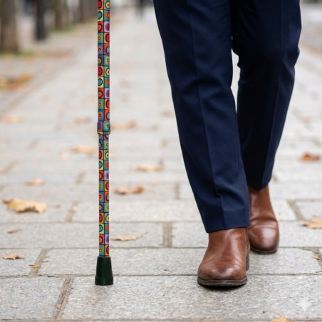 Un homme élégant se promène avec une canne de marche géométrique artistique et originale.