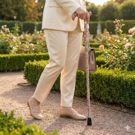 Femme marchande avec une canne fleurie dans un jardin, symbole de mobilité élégante et colorée.