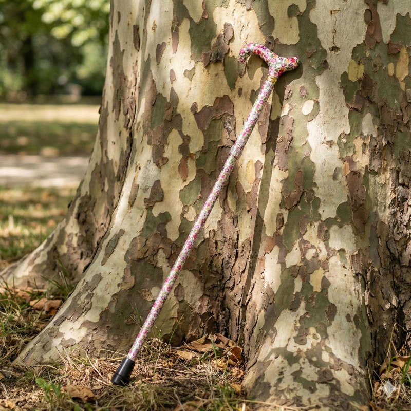 Canne florale appuyée contre un arbre, accessoire de marche alliant confort et esthétique.