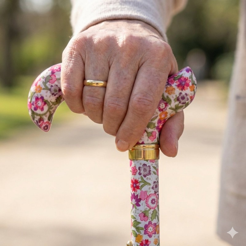 Femme senior tenant la poignée Derby de la canne fleurie pendant une marche élégante et colorée.