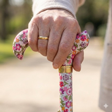 Femme senior tenant la poignée Derby de la canne fleurie pendant une marche élégante et colorée.