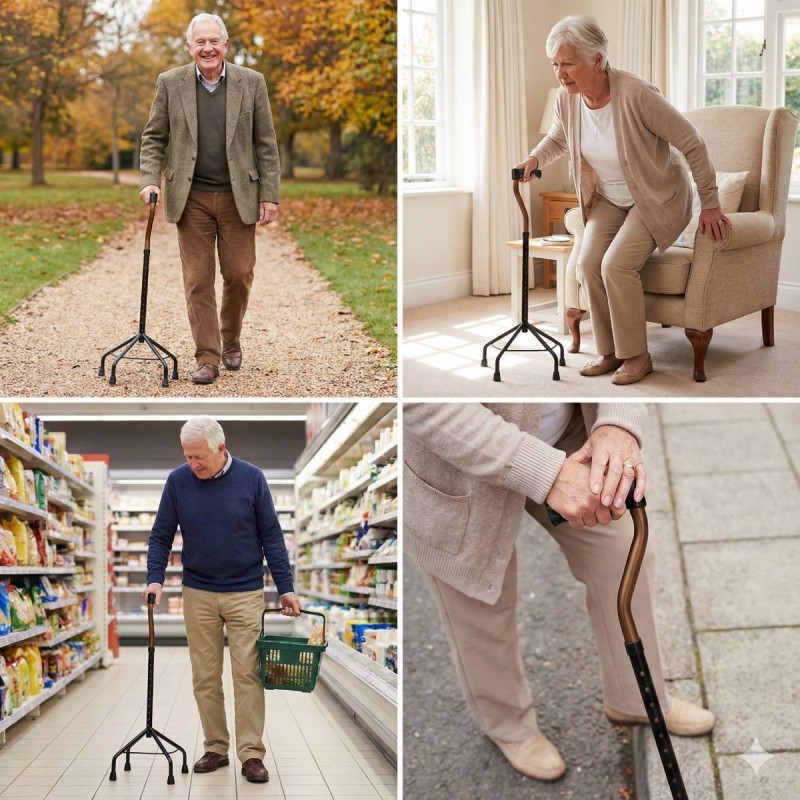Senior avec canne de marche quadripode orthopédique Drive à quatre pieds, réglable pour un soutien sécurisé