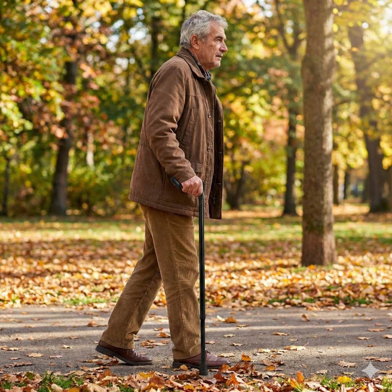 Homme marchant dans la forêt avec sa canne de marche noire ergonomique et réglable.