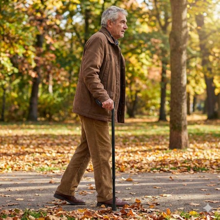 Homme marchant dans la forêt avec sa canne de marche noire ergonomique et réglable.
