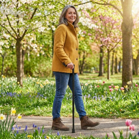 Femme de 50 ans marchant au jardin avec une canne ergonomique tenue de la main droit.