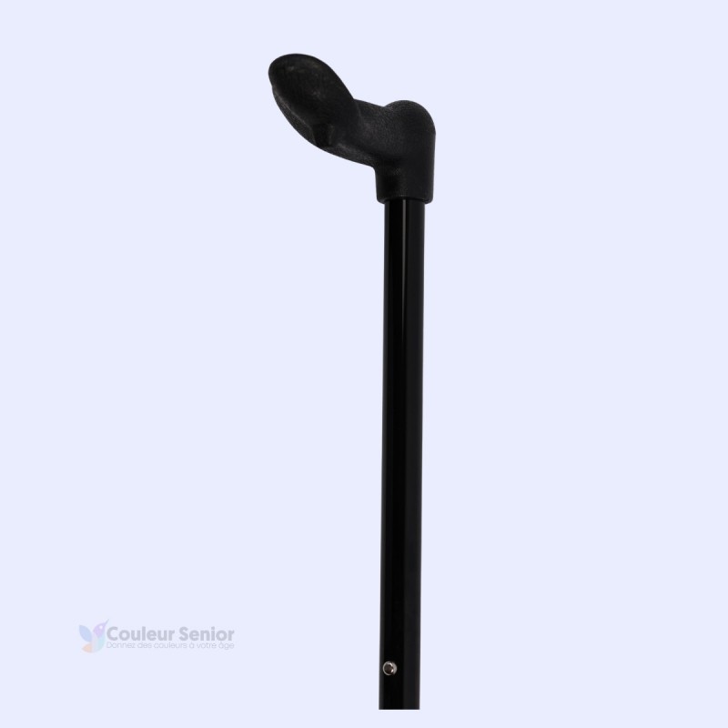 Vue à 45 degrés de la poignée ergonomique noire de la canne de marche réglable orthopédique forme main.