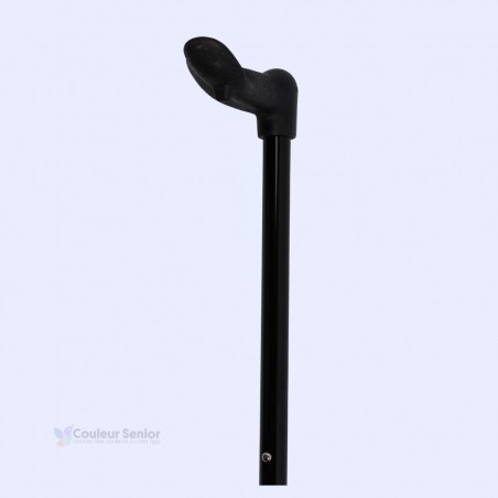 Vue à 45 degrés de la poignée ergonomique noire de la canne de marche réglable orthopédique forme main.