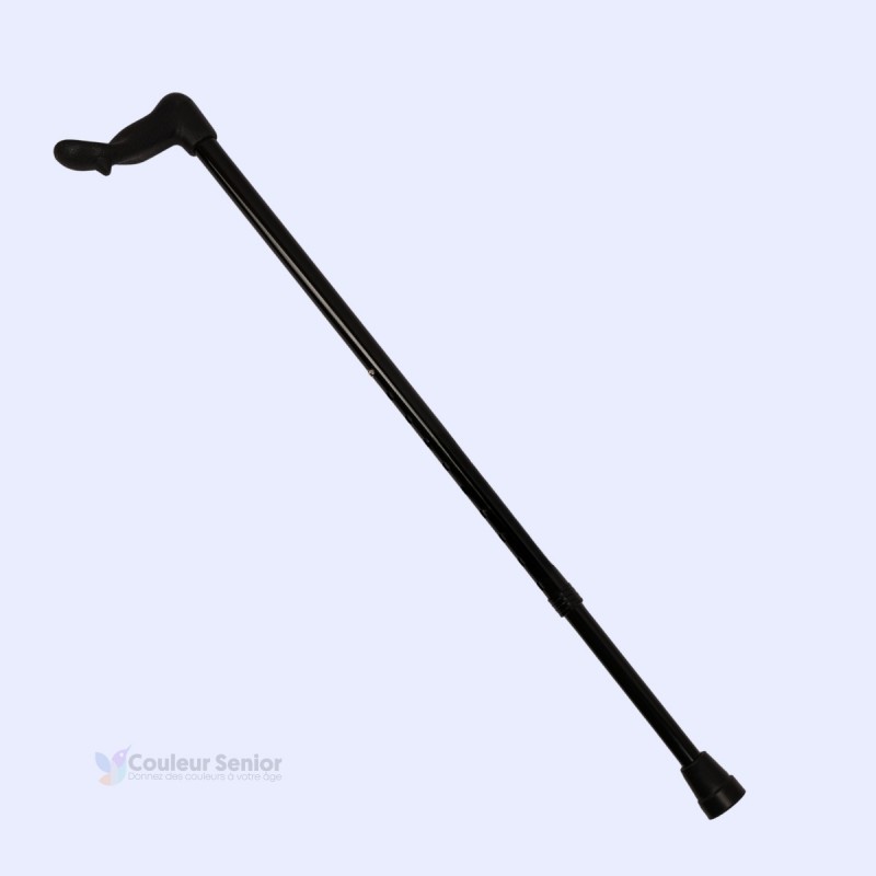 Profil complet de la canne de marche orthopédique noire réglable dotée d'une poignée ergonomique stable.