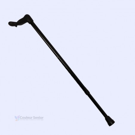 Profil complet de la canne de marche orthopédique noire réglable dotée d'une poignée ergonomique stable.