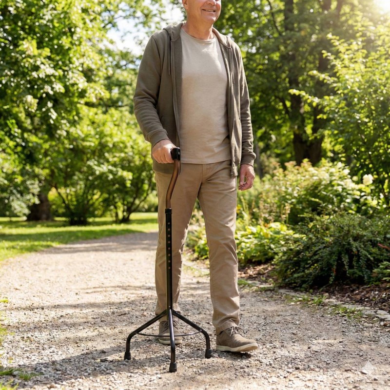 Homme utilisant une canne de marche tripode en aluminium pour un meilleur support pas à pas.